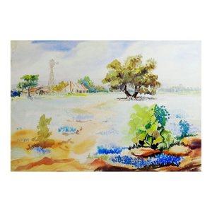 Late 20th Century Bluebonnets & Cactus Landscape Watercolor Painting