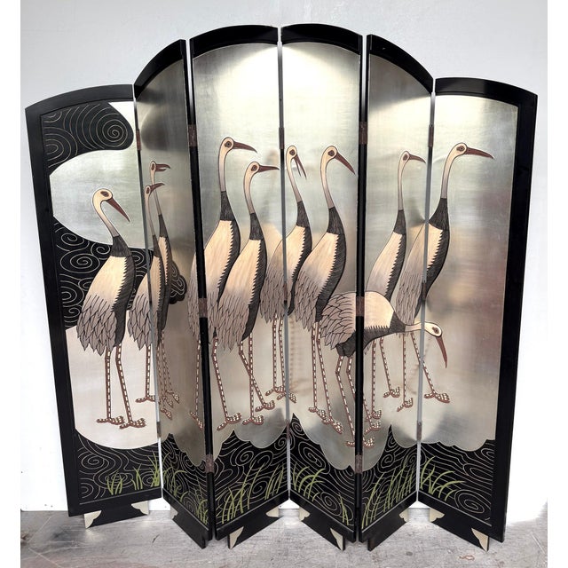 Art Deco Style Six-Panel Silver Leaf Crane Screen, Hong Kong, Circa 1980 Art Deco style six-panel, double-sided screen or...