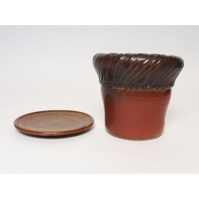 Mid-Century Modern Vintage Crimson and Slate Studio Ceramic Planter With Saucer by Deanna Nichols For Sale - Image 3 of 18