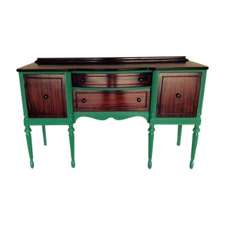 Antique Teal and Wood Serving Buffet Credenza For Sale