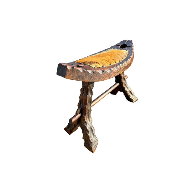 Mid-Century Modern Set of Spanish Tripod Birthing Chair and Ottoman with Goatskin, 1960s For Sale - Image 3 of 12