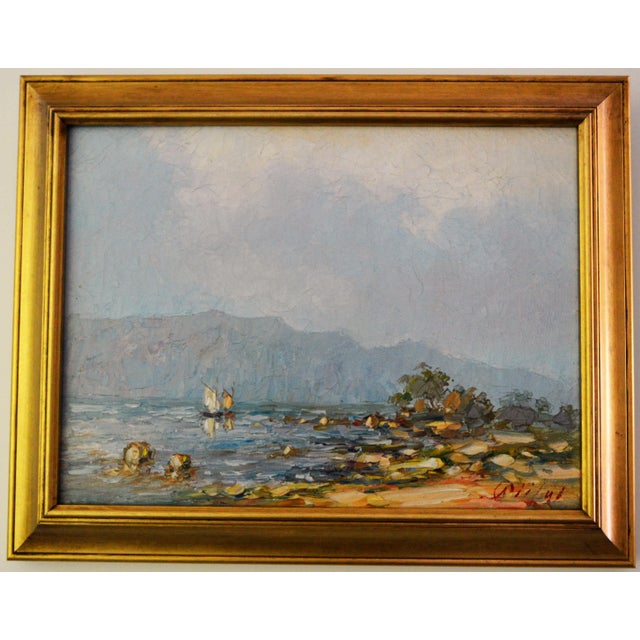 Early 20th Century Blue Water Landscape Oil on Canvas Painting Plein Air Gold Frame For Sale In Los Angeles - Image 6 of 11