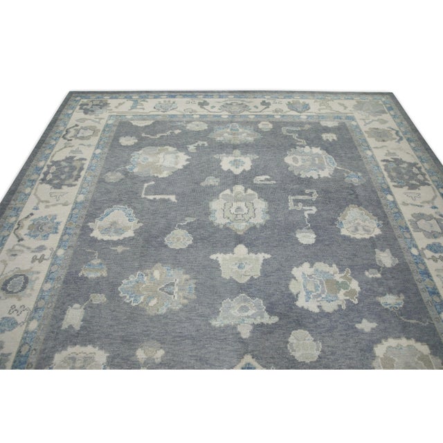 Early 21st Century Gray & Blue Floral Design Handwoven Wool Turkish Oushak Rug 9' X 11'10" For Sale - Image 4 of 8