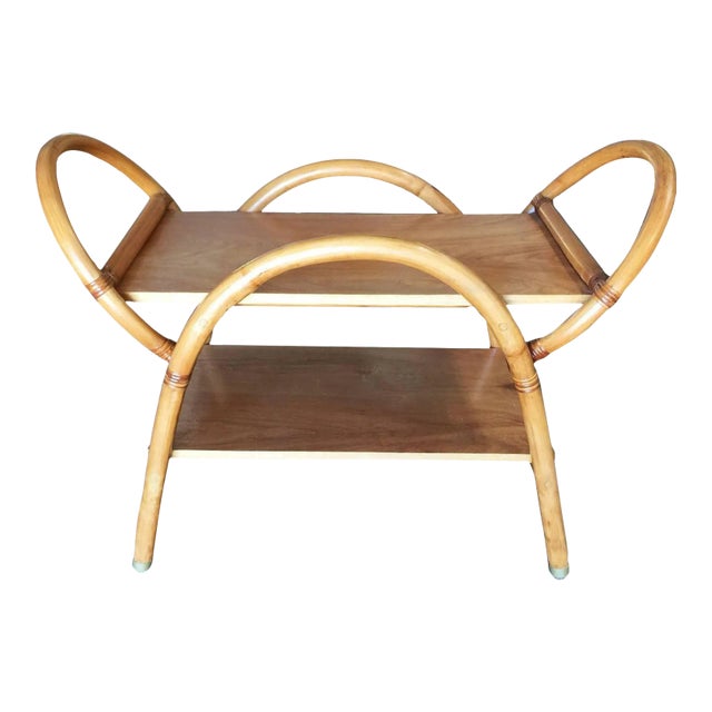 Restored Free-Form "Arches" Rattan Bar Cart W/ Mahogany Top For Sale