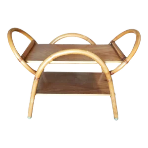 Restored Free-Form "Arches" Rattan Bar Cart W/ Mahogany Top