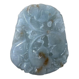 Natural Jade Stone Carved Buddha Fishes Lotus Leaf Display Pendant Art For Sale
