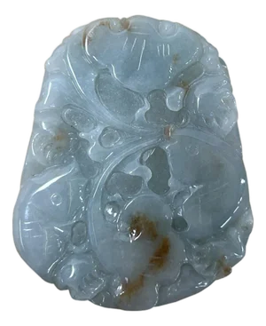 Natural Jade Stone Carved Buddha Fishes Lotus Leaf Display Pendant Art