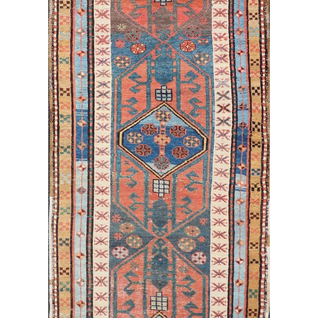 Textile Antique Colorful Persian Heriz-Serapi Runner With a Bold Geometric Design 3'1 X 10'10 For Sale - Image 7 of 13