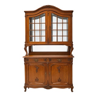 Antique French / Louis XV Oak Display China Cabinet Display Hutch With Beveled Glass For Sale