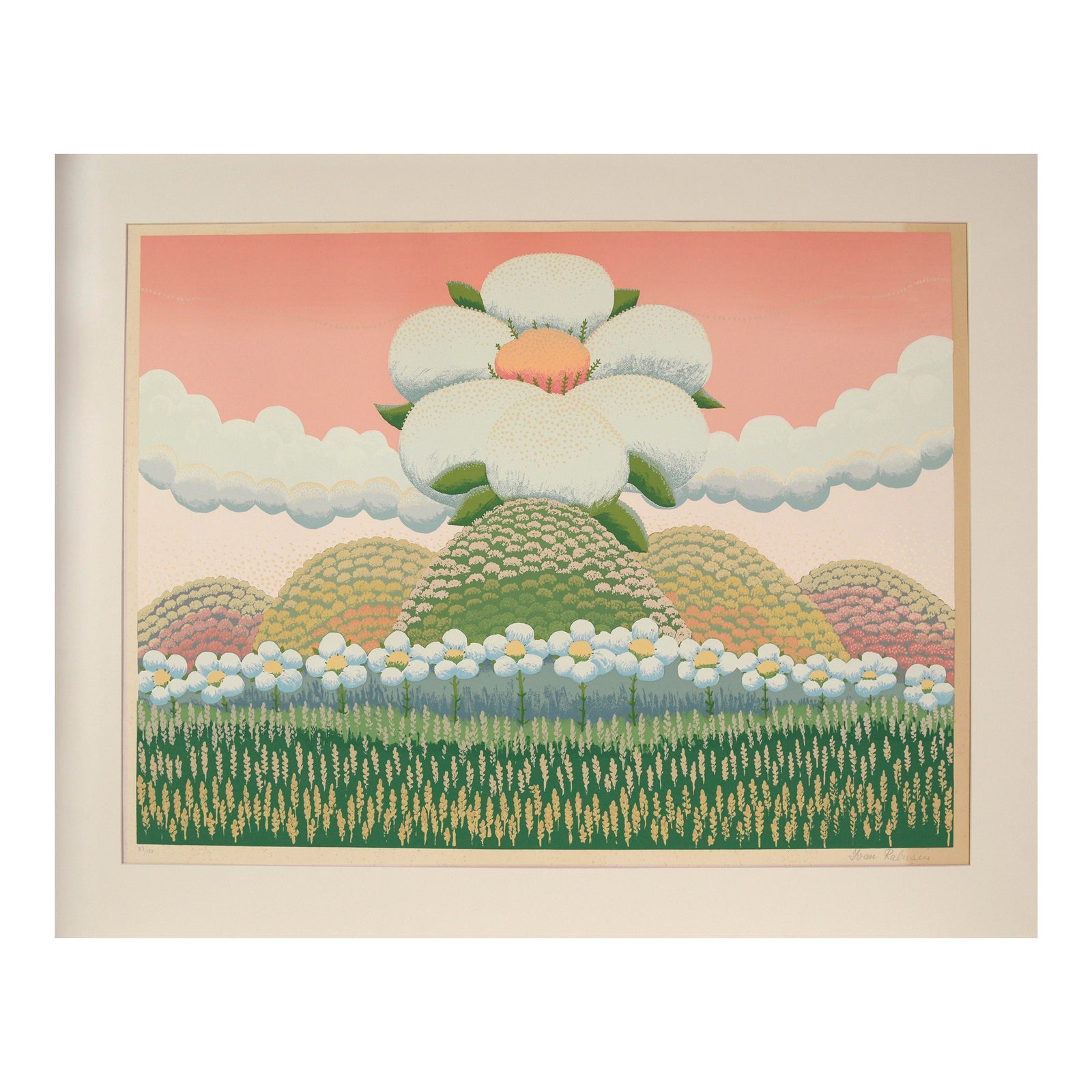 White Flowers on Pink Sky - Limited Edition Naive Serigraph by Ivan ...