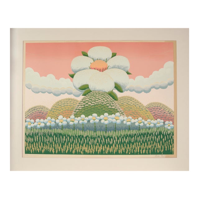White Flowers on Pink Sky - Limited Edition Naive Serigraph by Ivan Rabuzin For Sale