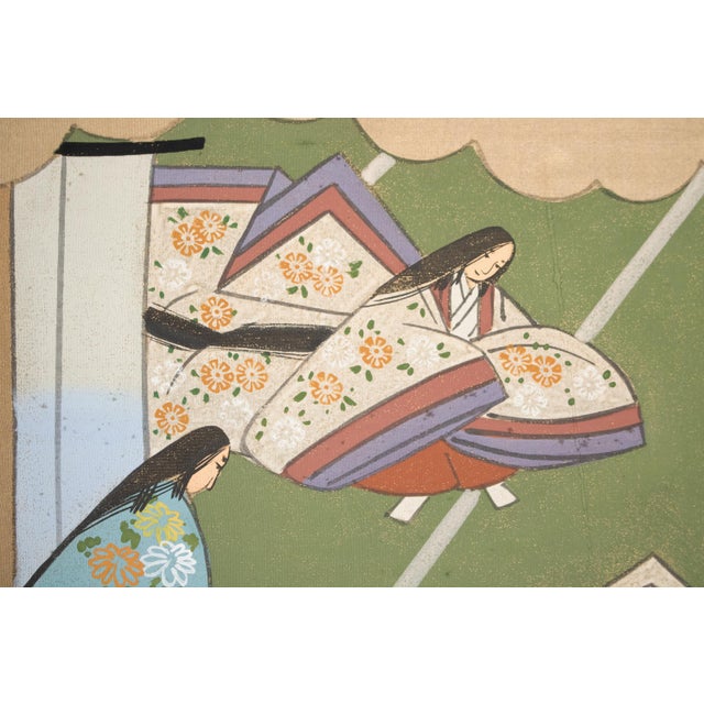 C. 1960s "The Tale of Genji", Showa Era Japanese Painted Silk Byobu Screen For Sale - Image 13 of 18