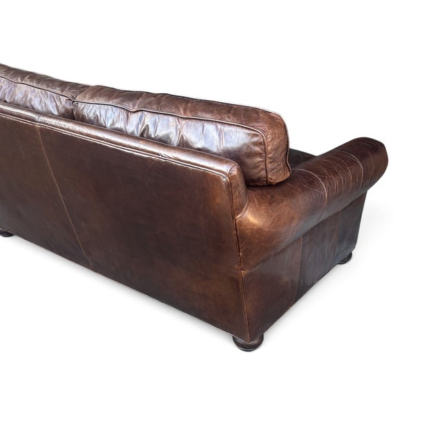 Restoration Hardware Brown Leather Two-Cushion Sofa With Rolled Arms and Bun Feet For Sale - Image 9 of 14