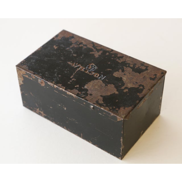 Willson vintage Steel Tin Box with unique and interesting Rusty Patina and Chippy Black Paint. A 1920s-1930s era piece...