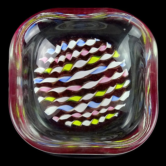 Murano Vintage Murano Pink Yellow Blue White Aventurine Flecks Ribbons Italian Art Glass Mid Century Bowl For Sale - Image 4 of 8