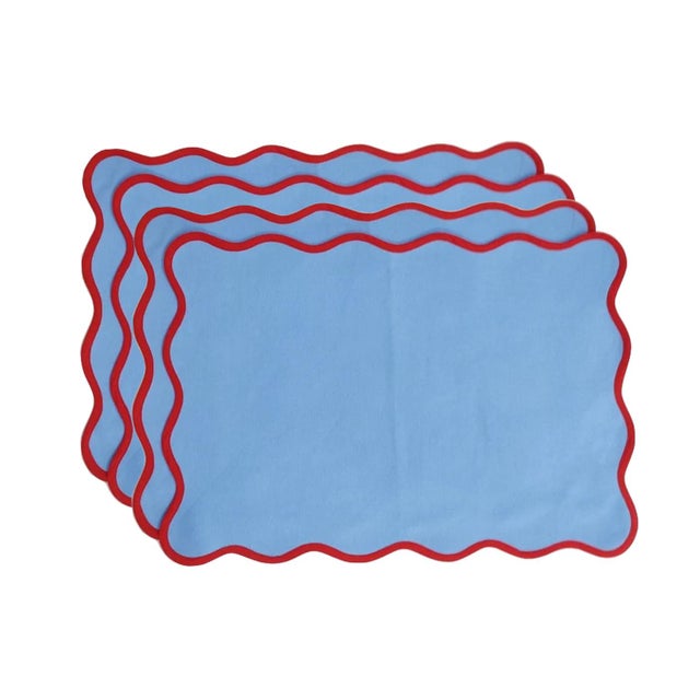 Handmade Scalloped Placemats, Light Blue with Red Piping - Set of 4 For Sale - Image 4 of 4