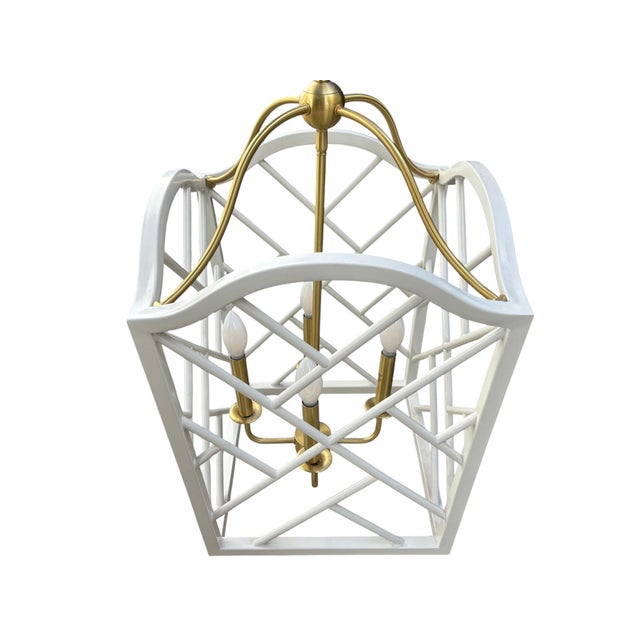 White Large Chippendale or Chinoiserie Faux Bamboo Frettework Lantern For Sale - Image 8 of 14