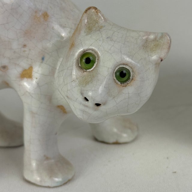 Pair of Vintage French White Tin Glazed Terracotta Cat Figurines With Green Glass Eyes For Sale - Image 4 of 10