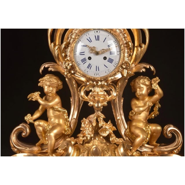 1840s French Louis XV Ormolu Gold Bronze Mantel Clock Set 3pc For Sale - Image 15 of 16