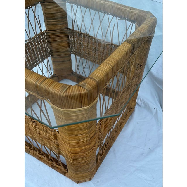 Boho Chic 1970’s Woven Wicker Natural RattanTable With Glass Top For Sale - Image 3 of 12
