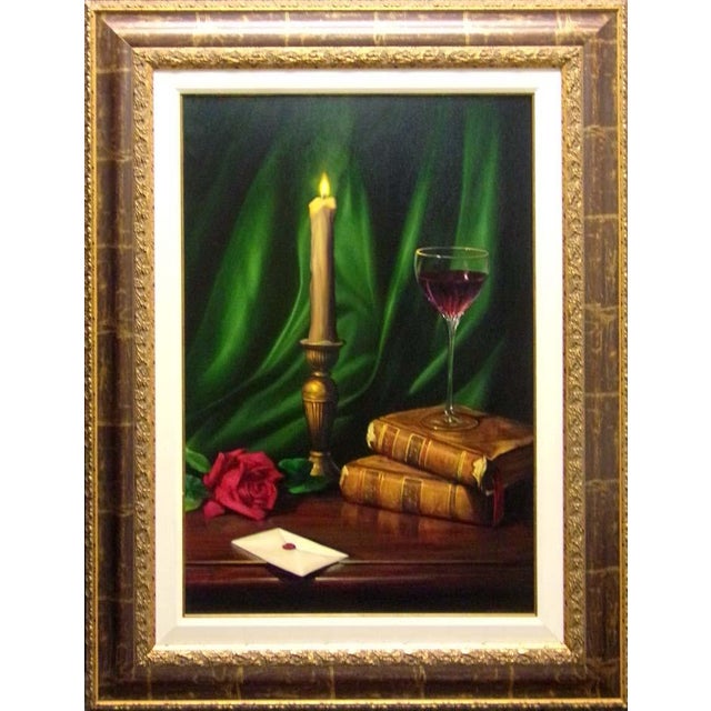 2000 - 2009 William Martin Untitled Candle & Rose Oil on Canvas W/Custom Frame Hand Signed For Sale - Image 5 of 5