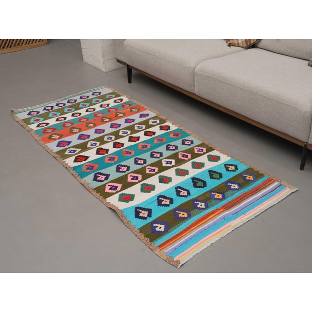 1970s Vintage Handmade Wool Cotton Blue Runner Rug For Sale - Image 10 of 11