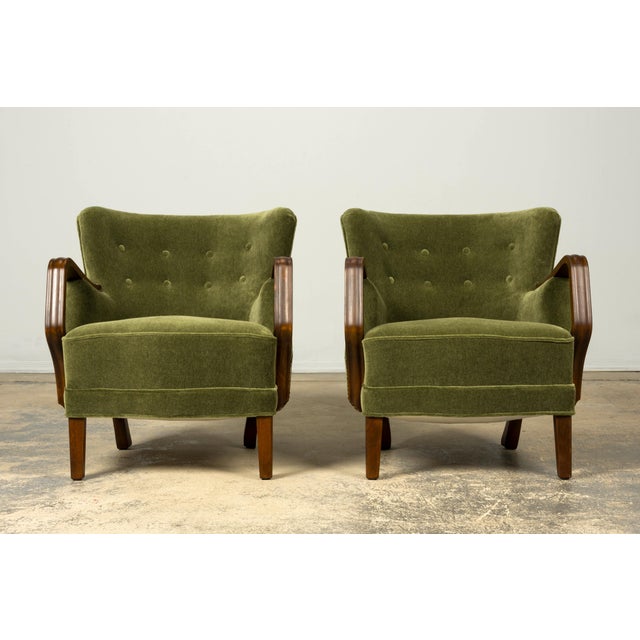 Art Deco Danish Art Deco Lounge Chairs by Alfred Christensen, Walnut & Mohair, 1940s For Sale - Image 3 of 18