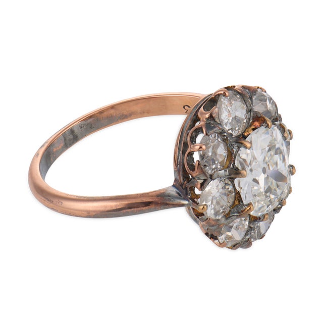1900-1909 Victorian Gia 1.06 Carat Diamond 14k Gold and Silver Cluster Ring, Size 5.75 For Sale - Image 4 of 6