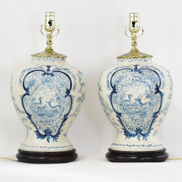 Pair of Vintage Hand Painted Blue and Cream Ceramic Table Lamps With Deer and Floral Folk Art Design For Sale - Image 13 of 13