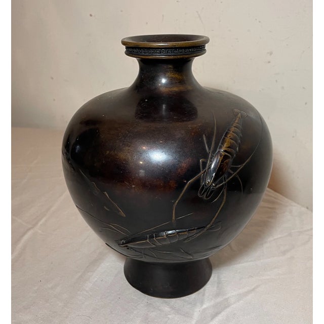 Antique 19th Century Japanese Coy Crustacean Craw Fish Signed Bronze Meiji Vase For Sale - Image 11 of 17
