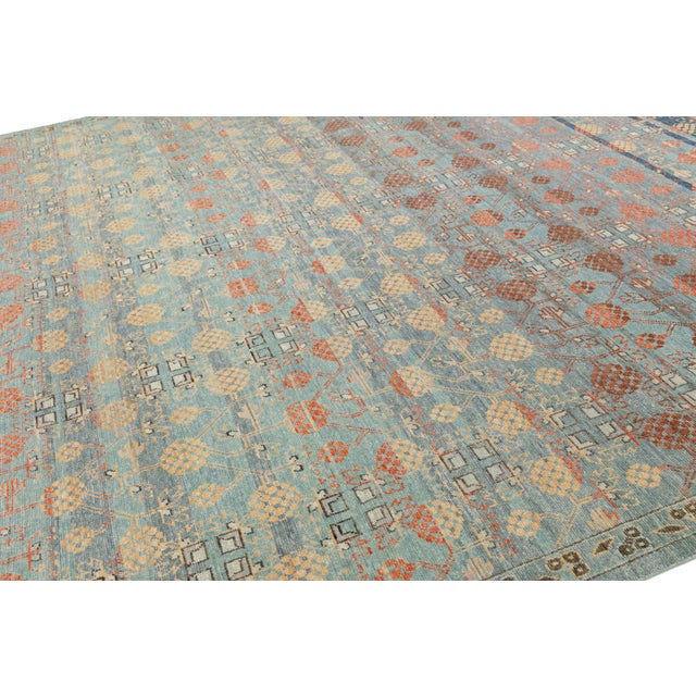 Modern Khotan Style Wool Rug Terracotta, Sage Green & Soft Blue Transitional For Sale - Image 4 of 12