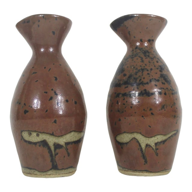 Vintage Japanese Stoneware Sake Bottles Small Pitchers, a Pair For Sale