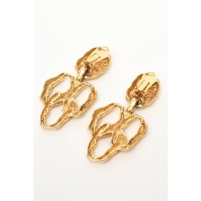 Modern Gold Plated Hammered Sculptural Clip on Dangle Earrings Pair of 80's For Sale - Image 3 of 7