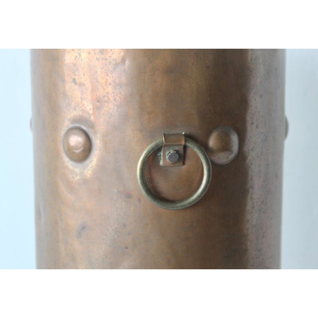 American Arts and Crafts Style Riveted Cylindrical Copper Umbrella Stand Brass Hoop Handles Vintage For Sale - Image 10 of 14