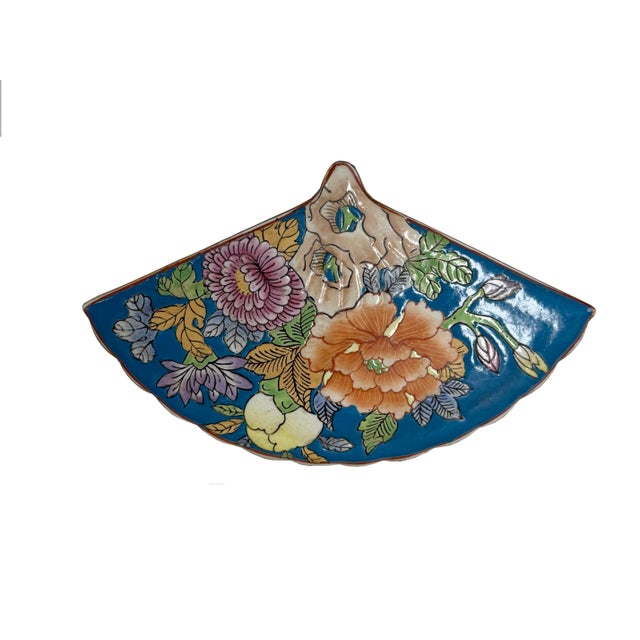 Vintage Blue Big Flowers Graphic Fan Shape Porcelain Trinket Box For Sale - Image 9 of 9