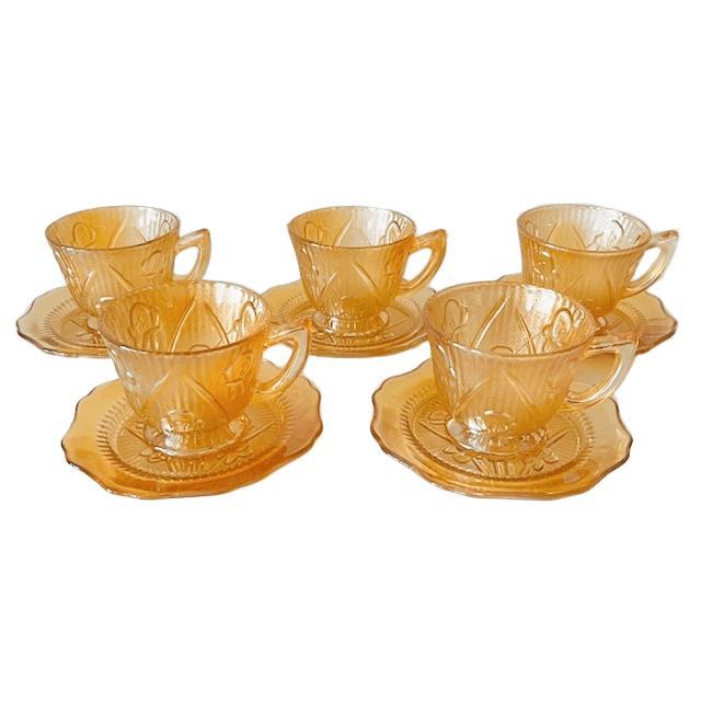 Vintage Jeanette Carnival Cup and Saucer Set in Peach Glass, 1930s, Set of 10 For Sale - Image 10 of 10