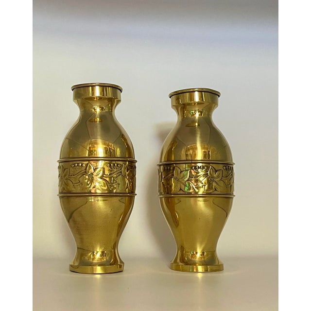 1920s Farberware Ivy Banded Brass Bud Vases- a Pair For Sale - Image 9 of 9