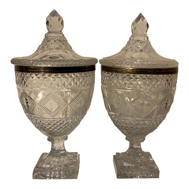 Antique 19th Century George III Anglo Irish Cut Crystal Glass Chestnut Urns - a Pair For Sale