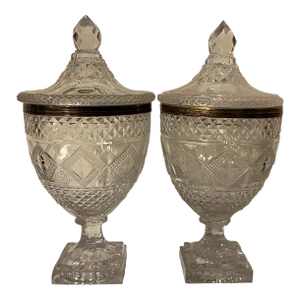 Antique 19th Century George III Anglo Irish Cut Crystal Glass Chestnut Urns - a Pair