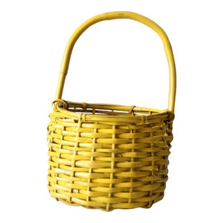 Vintage Yellow Wicker Handle Basket For Sale