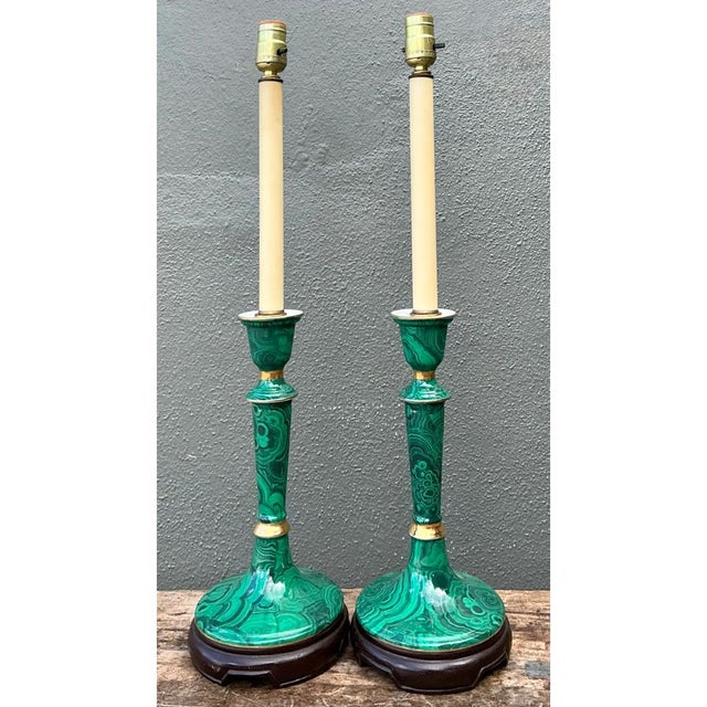 Vintage Green Lacquered Candlestick Table Lamps - Pair For Sale - Image 10 of 12