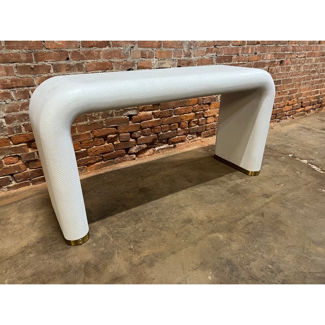 Made Good Hudson Waterfall Console Table French Gray Faux Woven Rattan Look For Sale - Image 11 of 11