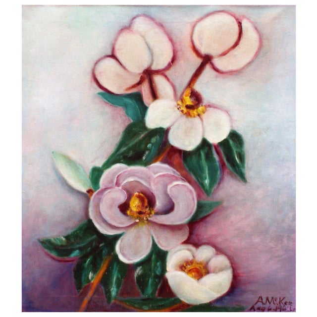 1960s Mid-Century Saucer Magnolias Floral Still Life Painting by Ann McKee For Sale - Image 4 of 4