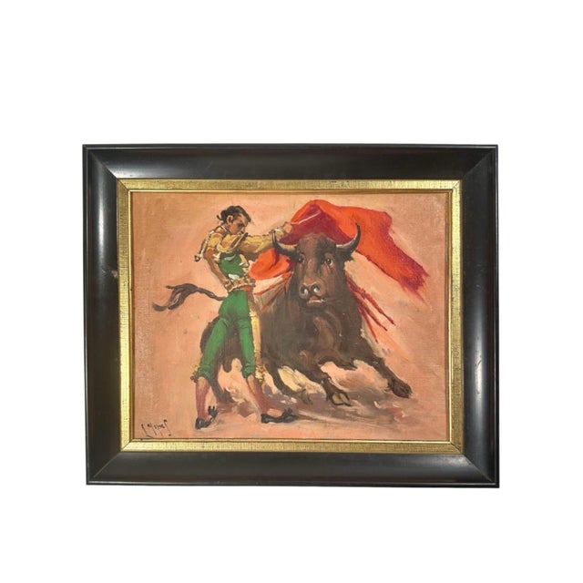 Mid-Century Modern Set of 3 Mid-Century Bullfighting Oil Paintings Signed J. Yepez. For Sale - Image 3 of 12
