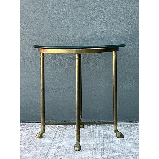 Mid-Century Modern Vintage Brass and Glass Hoof Footed Side Table After LaBarge For Sale - Image 3 of 12