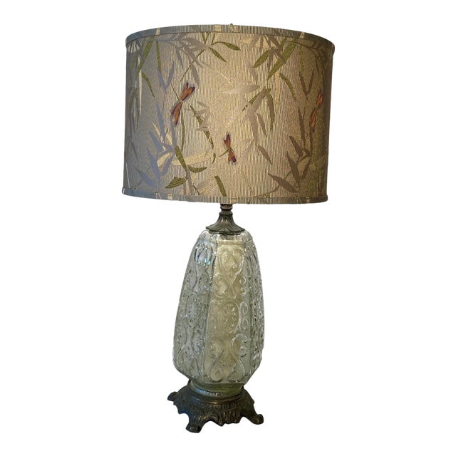 Unusual Antique Cast Brass & Glass Lamp. Glass has a bit of a green worn wash. Cast aged brass base. Three way switch...