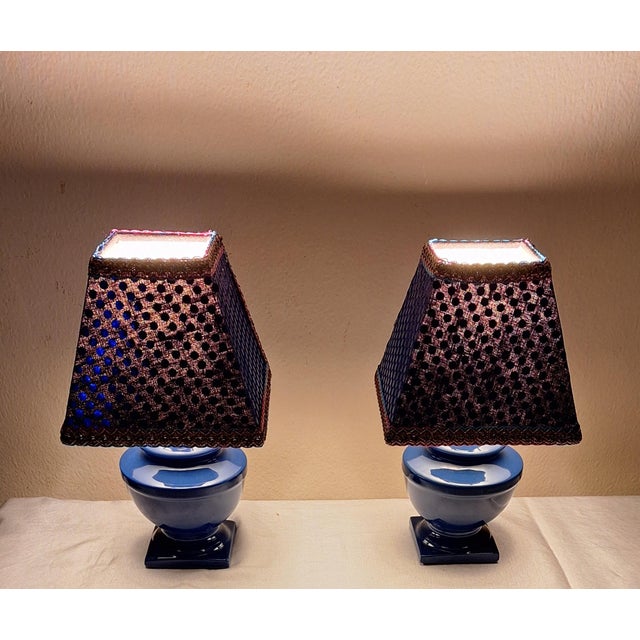 Vintage Bedside Lamps with Blue Ceramic Base and Handmade Sequined Shade by Lamplove, 1990s, Set of 2 For Sale - Image 3 of 8