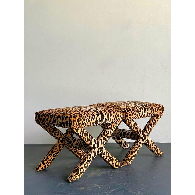This bold pair of vintage X-base stools brings unmistakable character and glamour to any interior. Upholstered in striking...