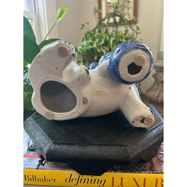 Vintage Chinese Chinoiserie Blue & White Porcelain Foo Dog Guardian Lion on Wood Stand For Sale - Image 12 of 12