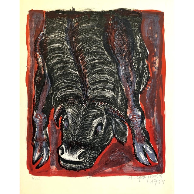 Modern Avraham Ofek, 1959 Israeli Avraham Ofek Leviathan Modernist Lithograph, Bull, Bezalel School, c.1959 For Sale - Image 3 of 6